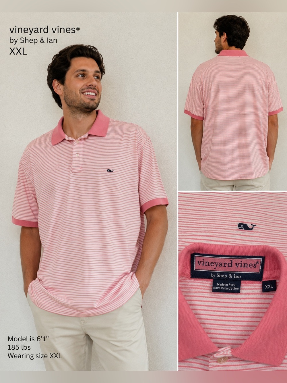 Vineyard Vines Men’s XXL Pink White Striped Pima Cotton Polo Shirt